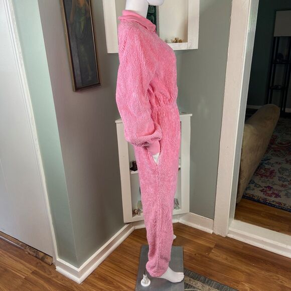 Vintage 80s 90s Bubblegum Pink Chenille Jumpsuit S/M/L Leisure Life terrycloth - Picture 3 of 15